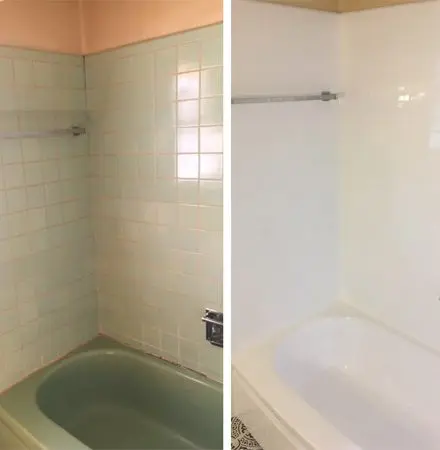 A before and after picture of the same bathroom.