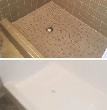 A before and after picture of the shower floor.