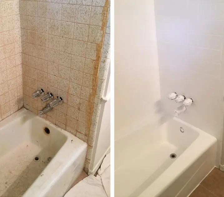 A before and after picture of the bathtub.