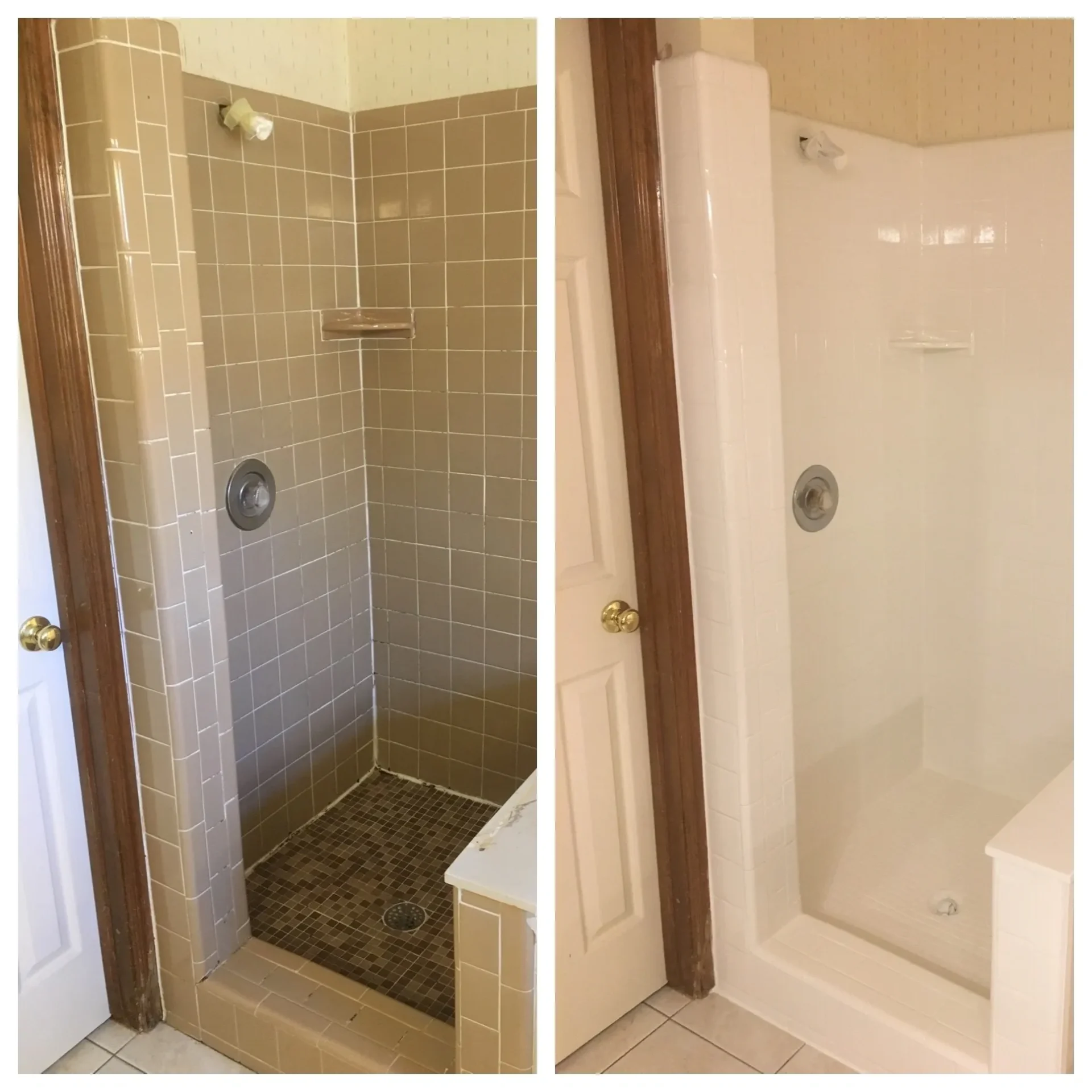 A before and after picture of the same bathroom.