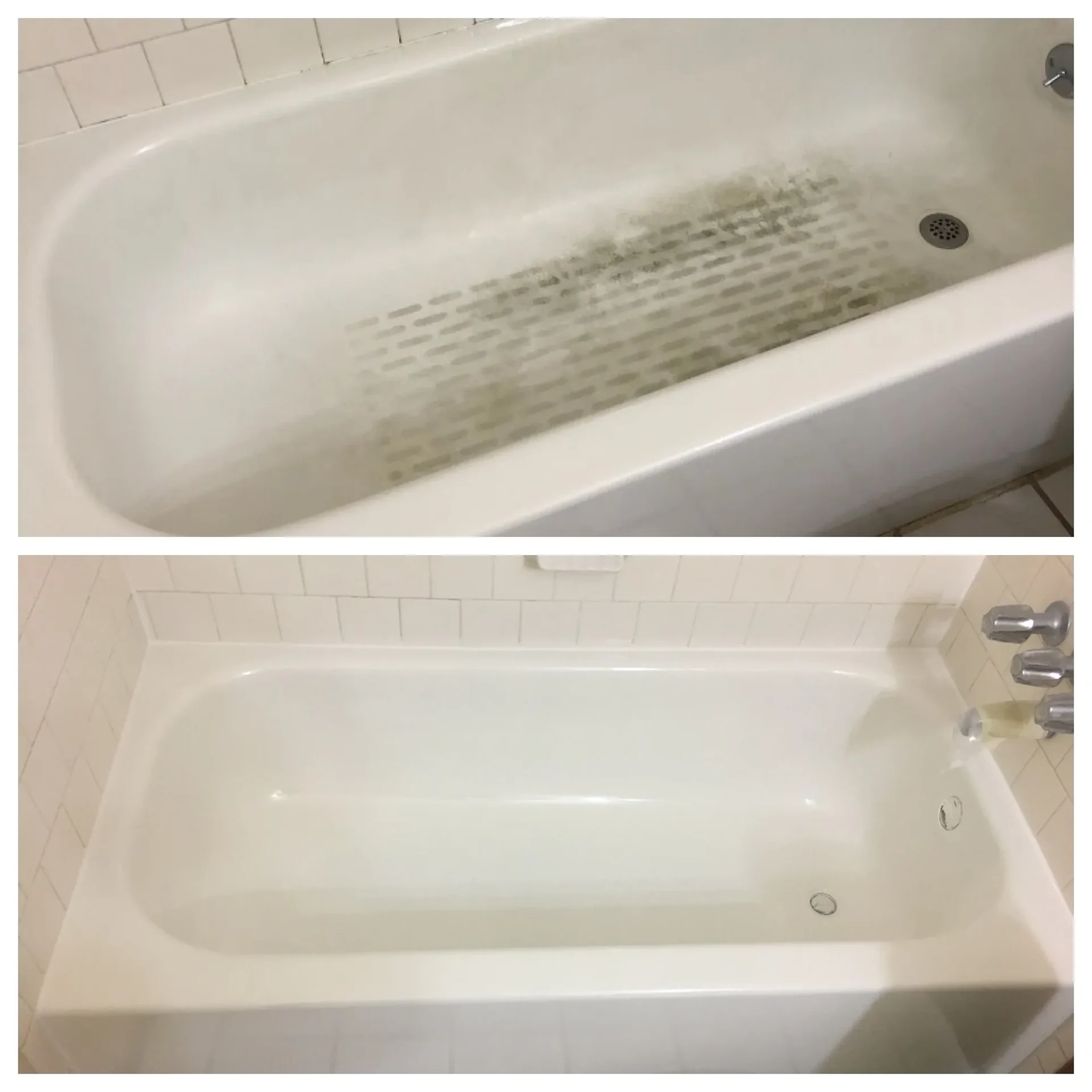 A before and after picture of the bathtub.