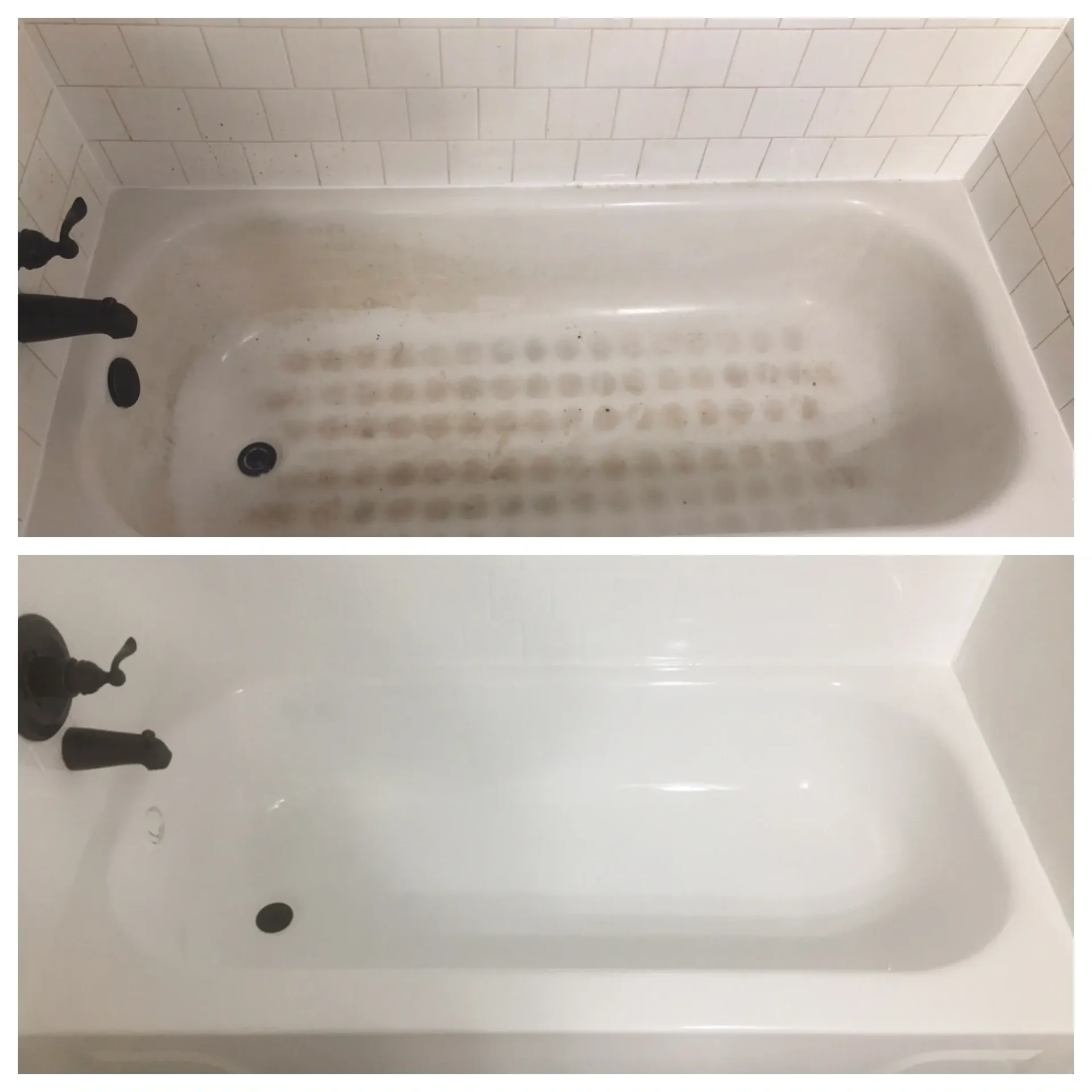 A before and after picture of the bathtub.