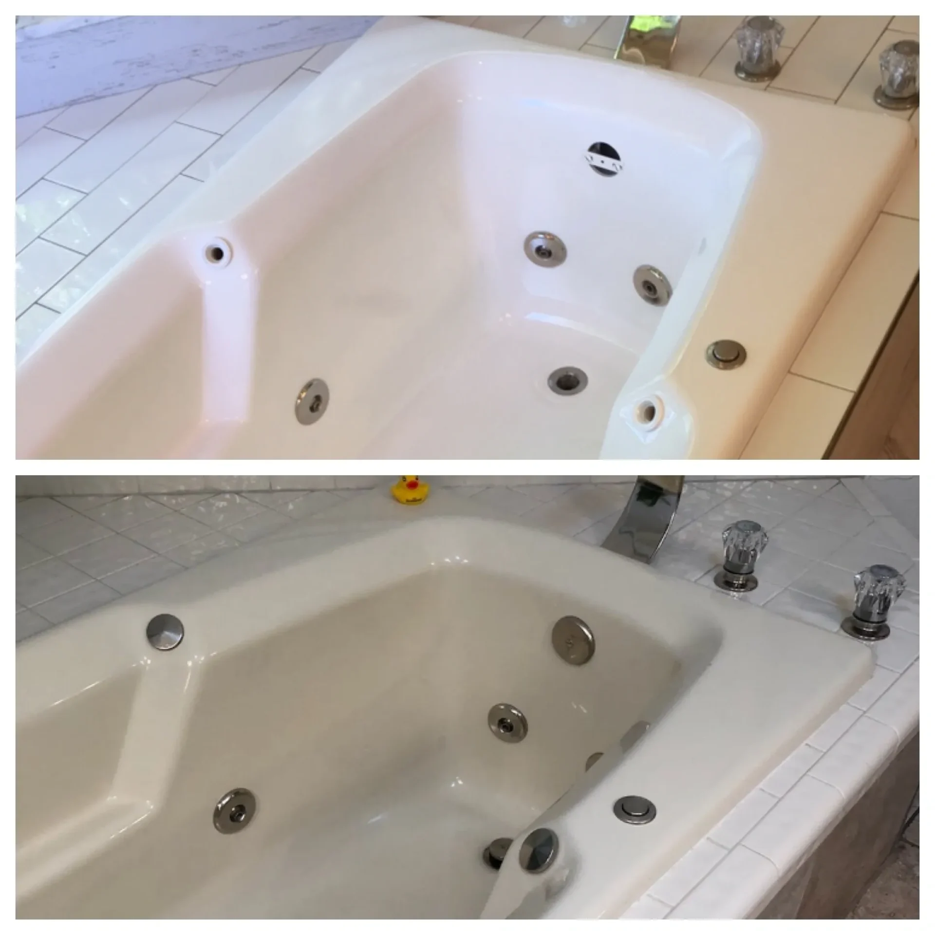 A before and after picture of the same bathtub.