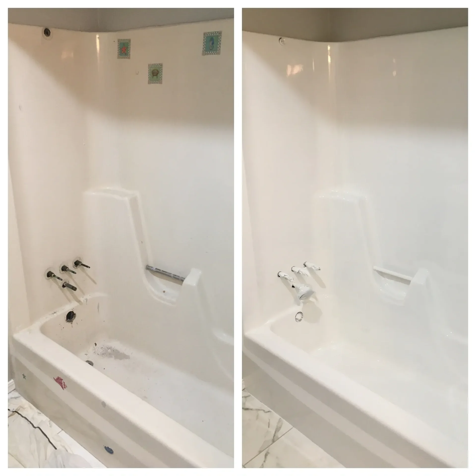 A before and after picture of the bathtub.