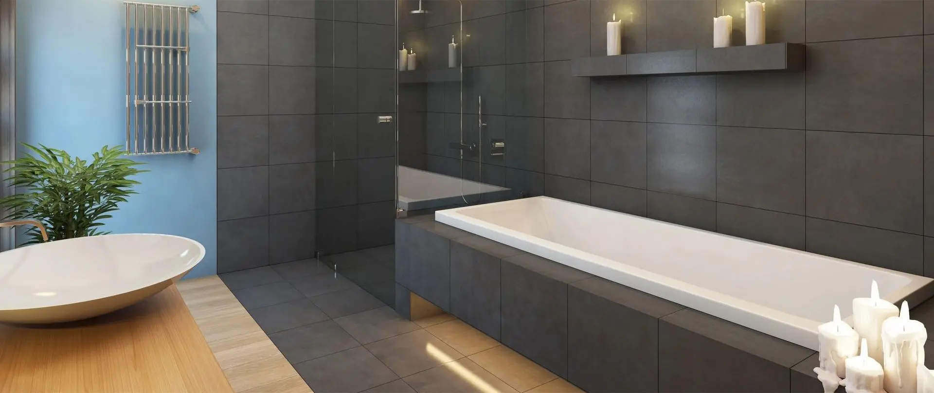 A bathroom with a tub, shower and mirror.