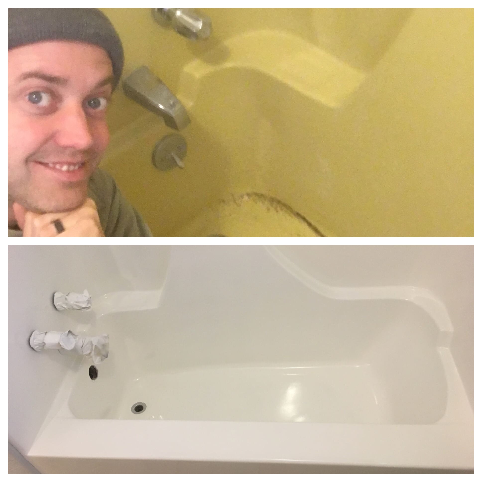 A man standing in front of a bathroom sink and bathtub.