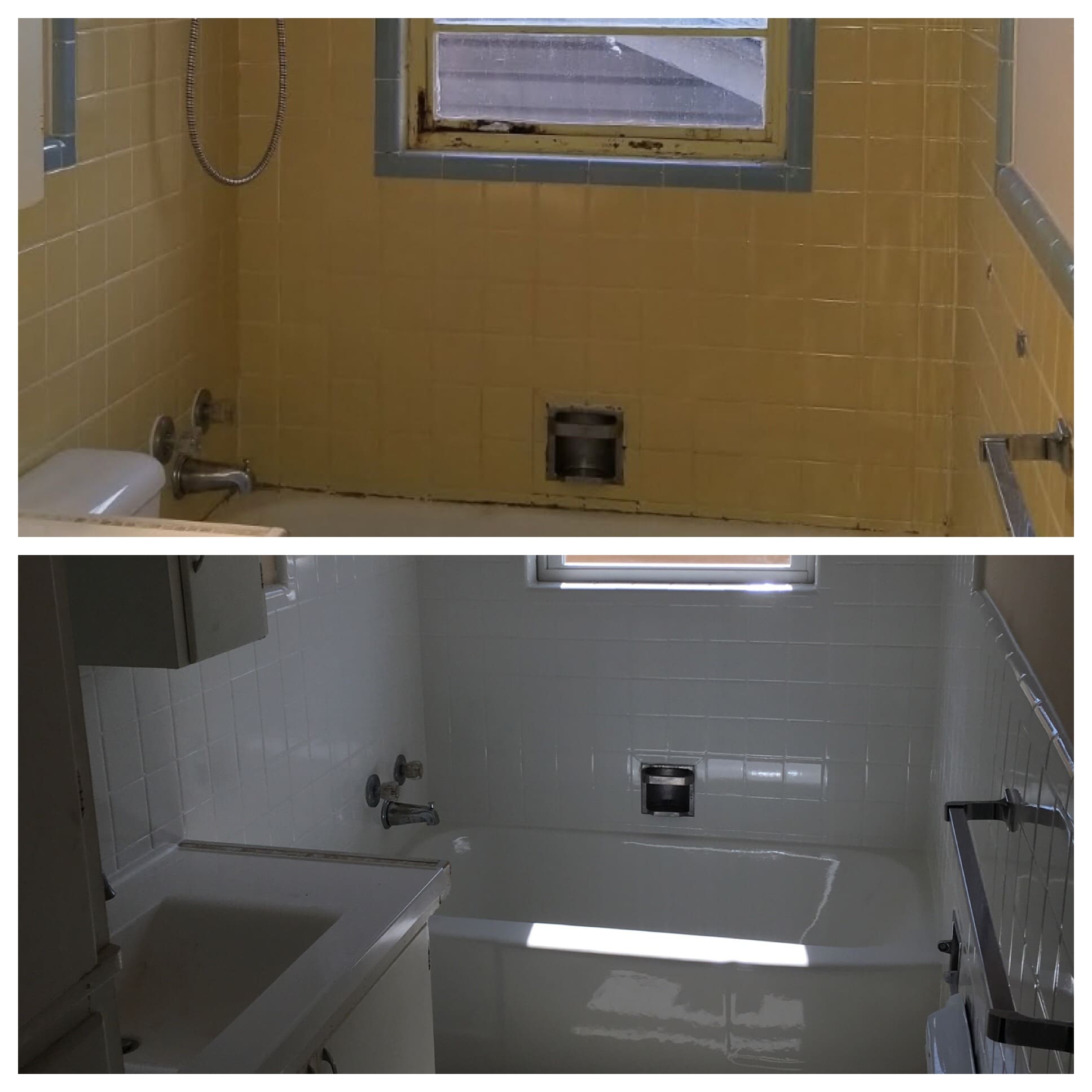 A before and after picture of the bathroom.