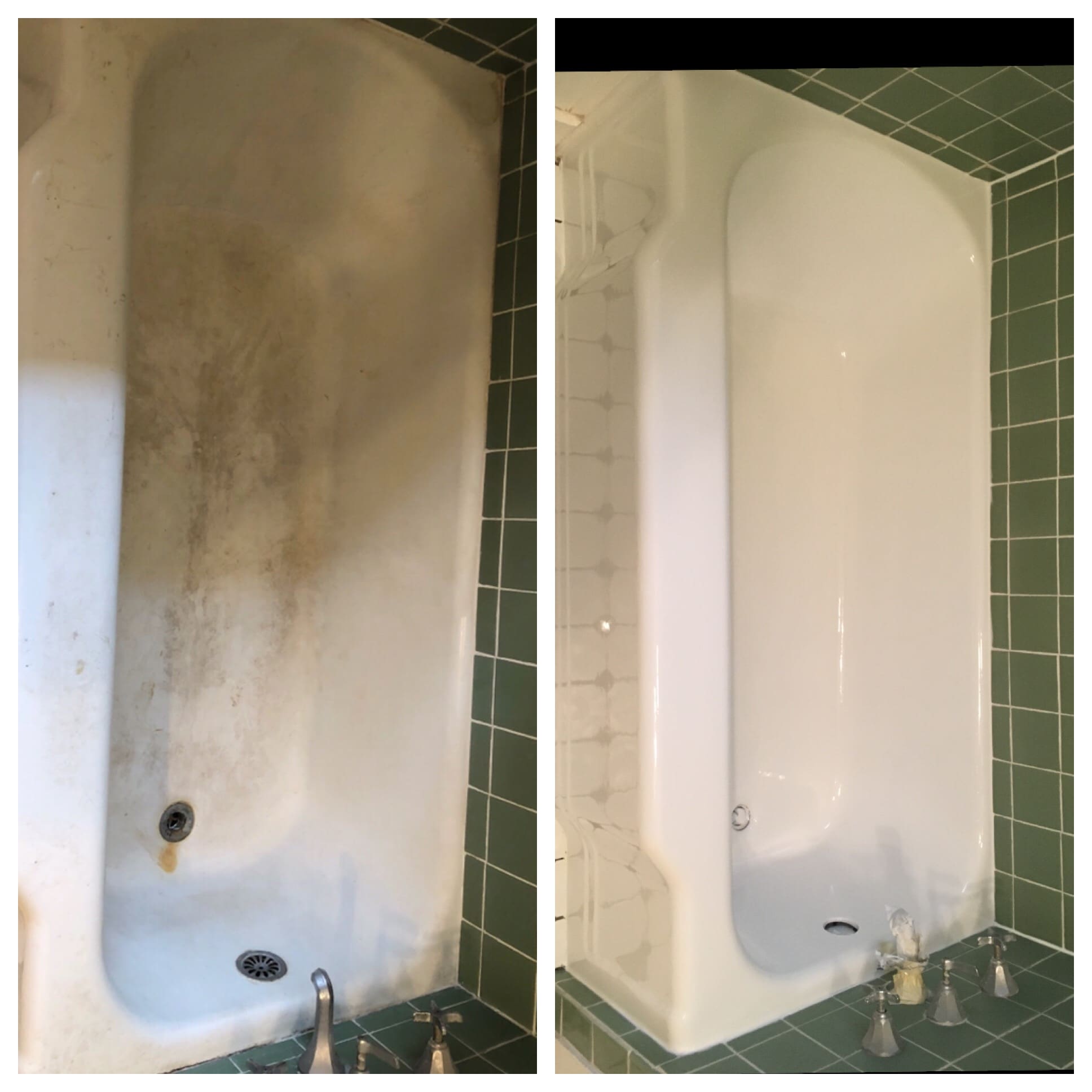 A before and after picture of the same bathtub.