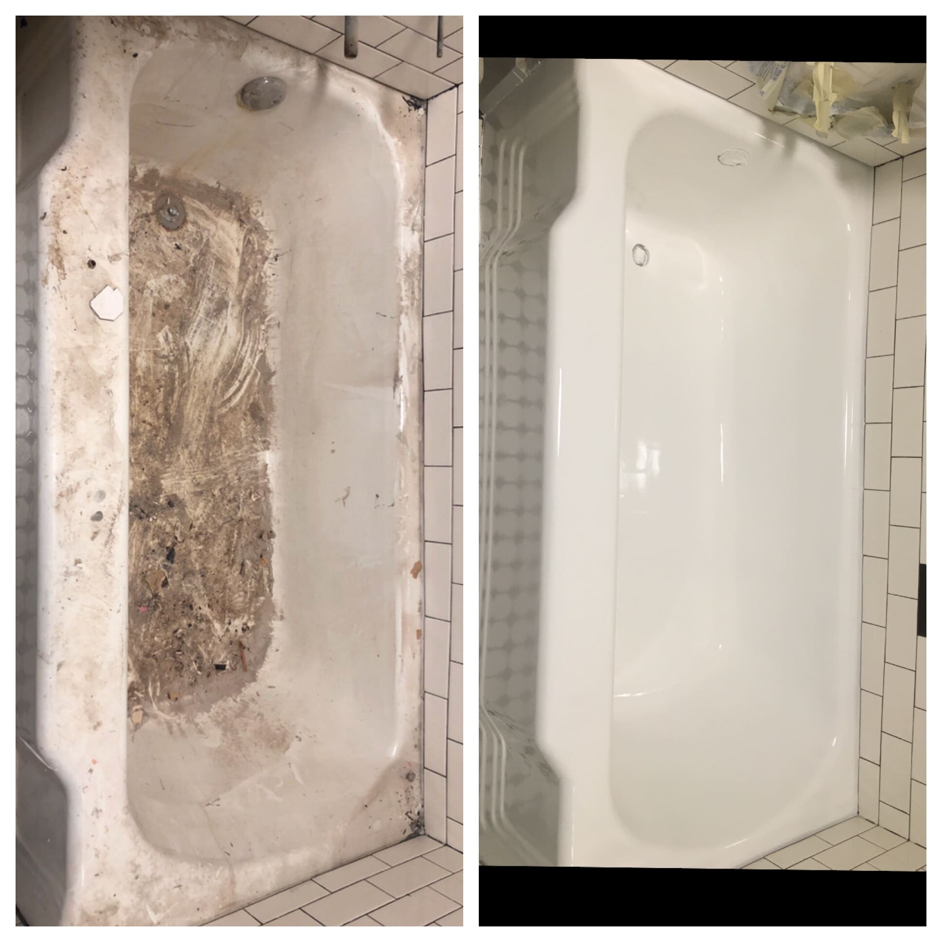 A before and after picture of the bathtub.