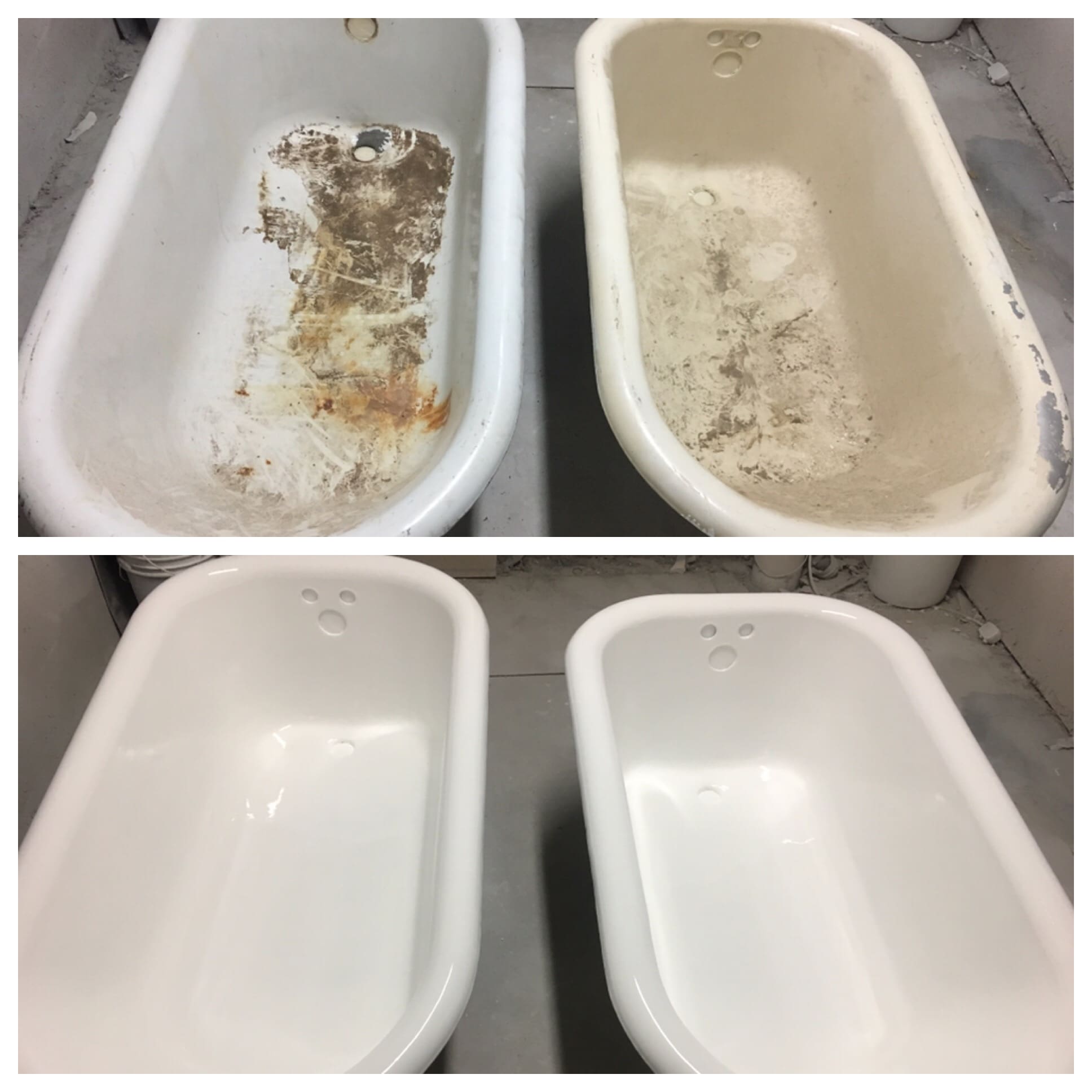 A before and after picture of the same bathtub.