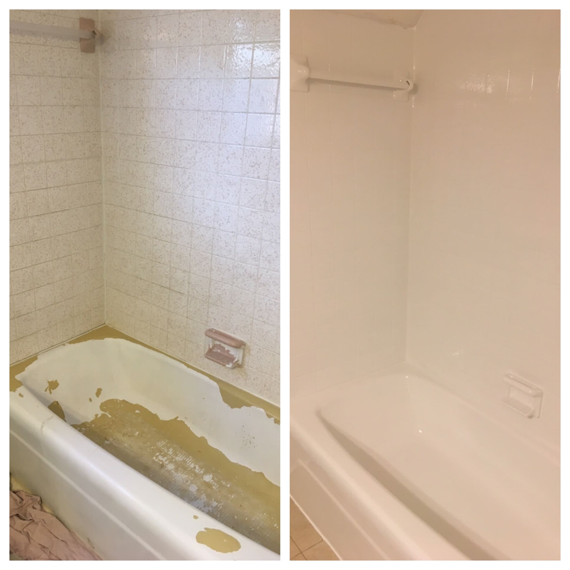 A before and after picture of the bathtub and shower.