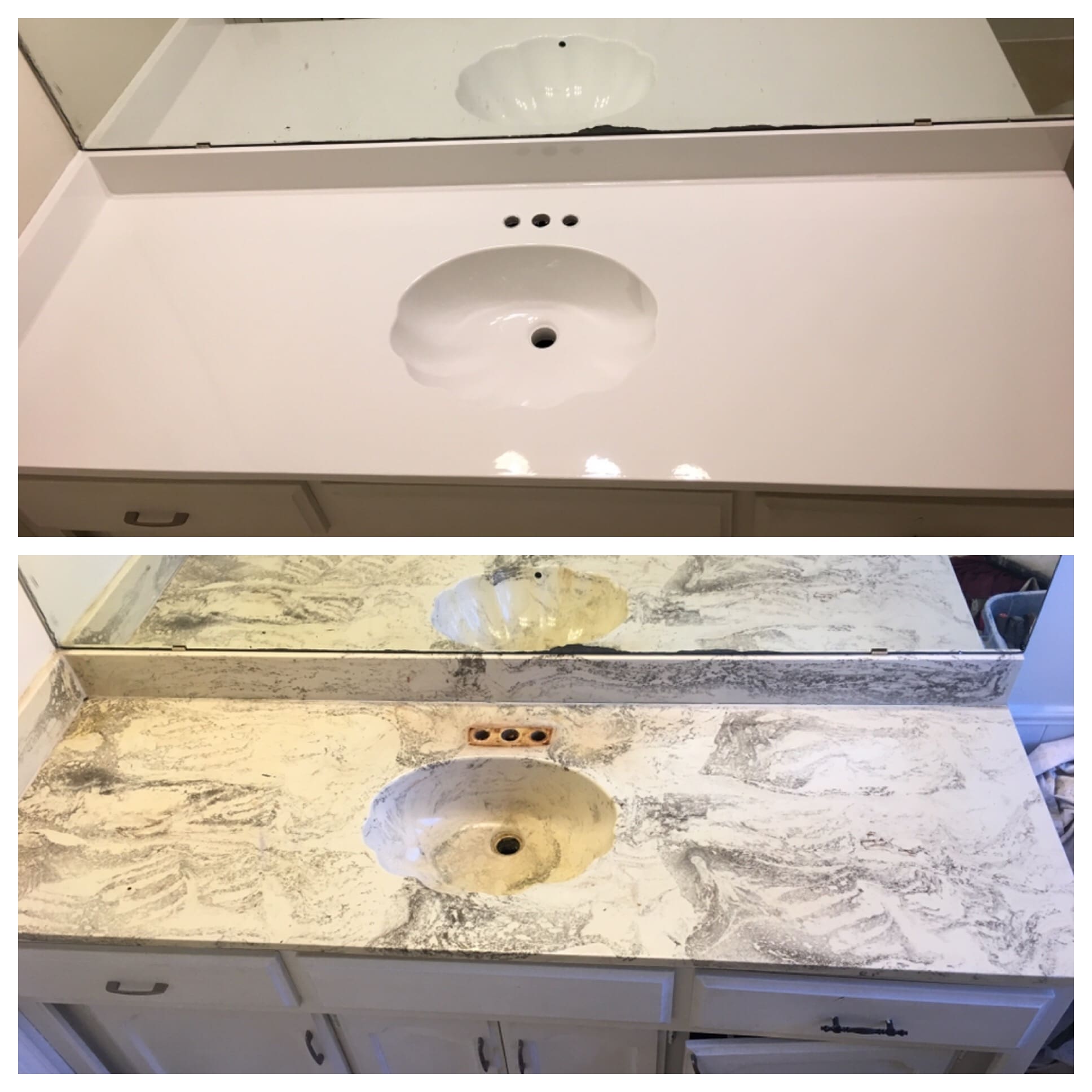 A before and after picture of the counter top.