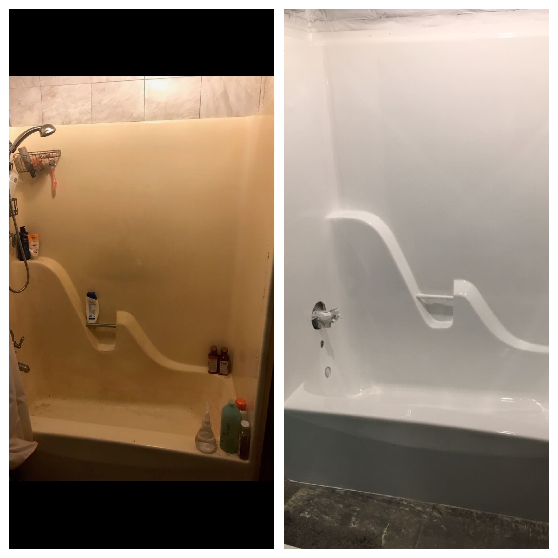 A before and after picture of the shower.