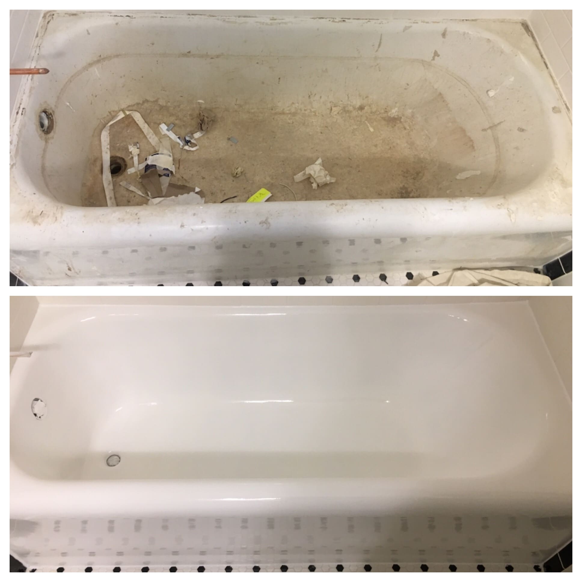 A before and after picture of the bathtub.