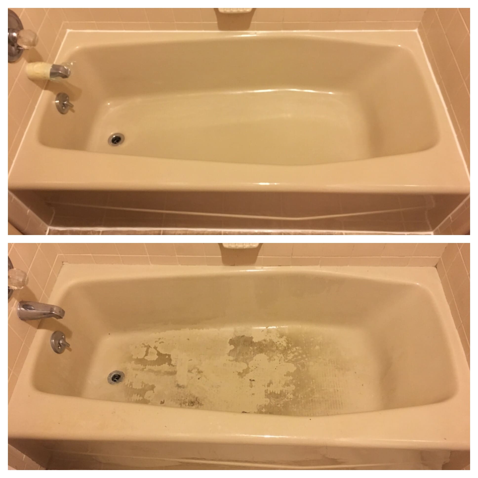 A before and after picture of the bathtub.