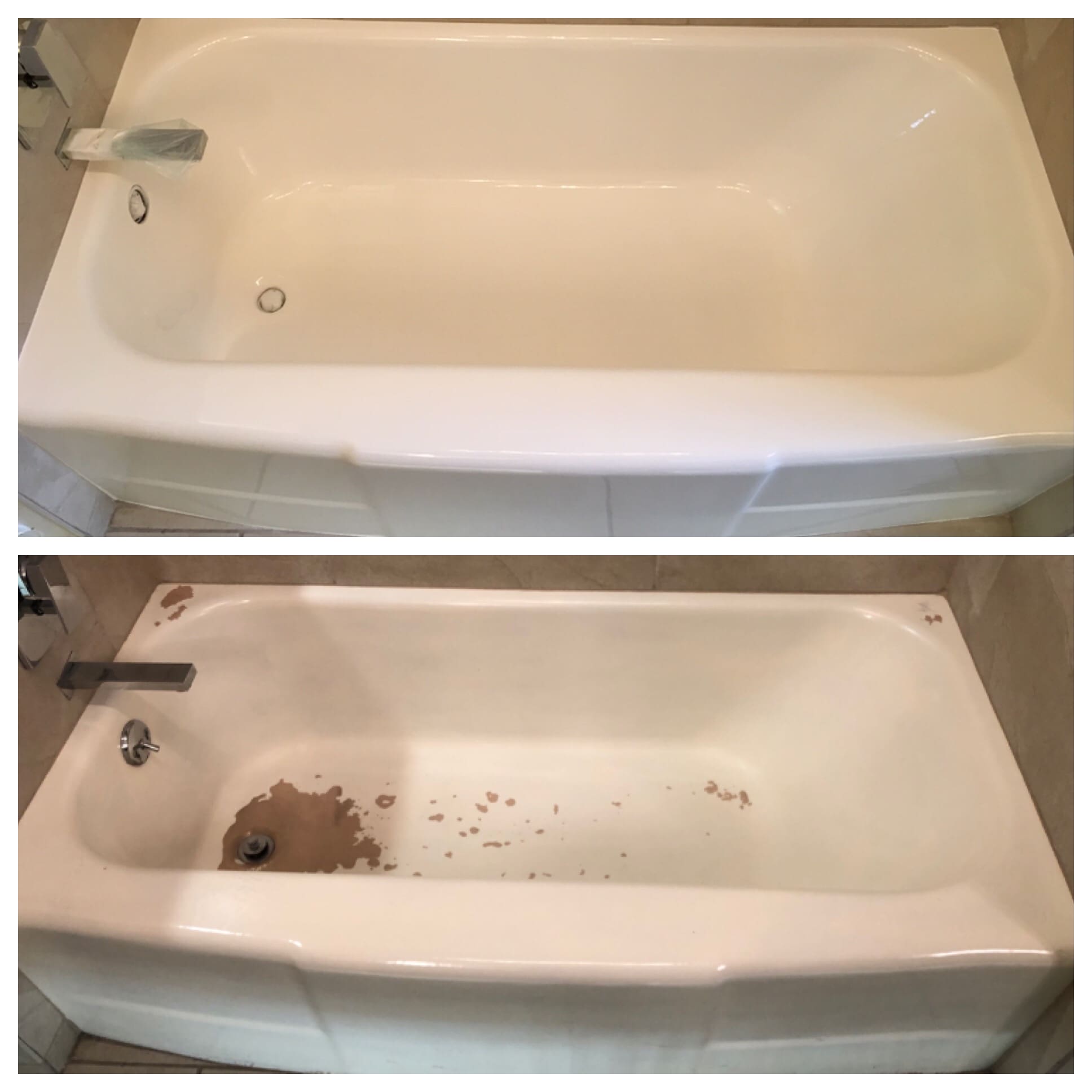 A before and after picture of the bathtub.