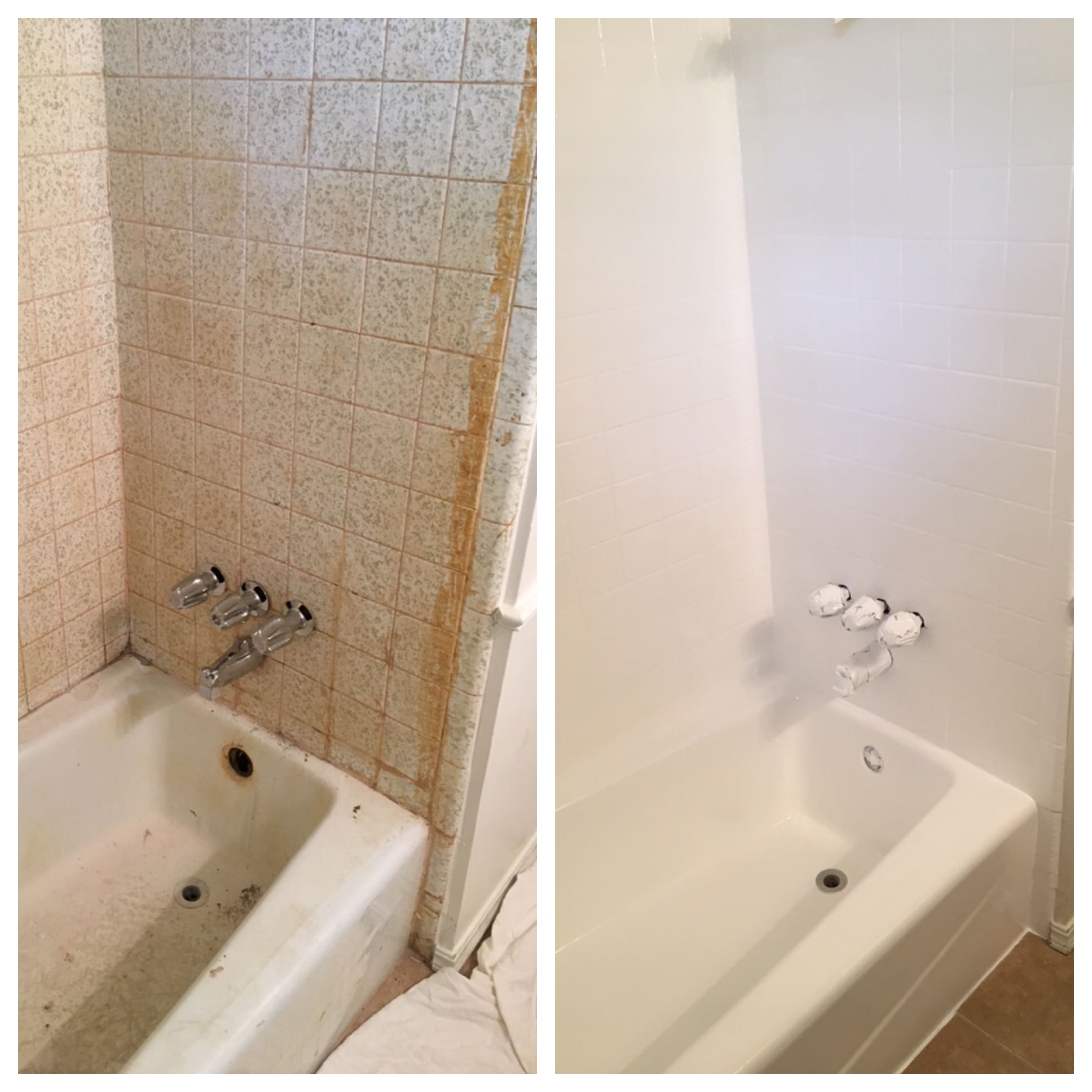 A before and after picture of the same bathtub.