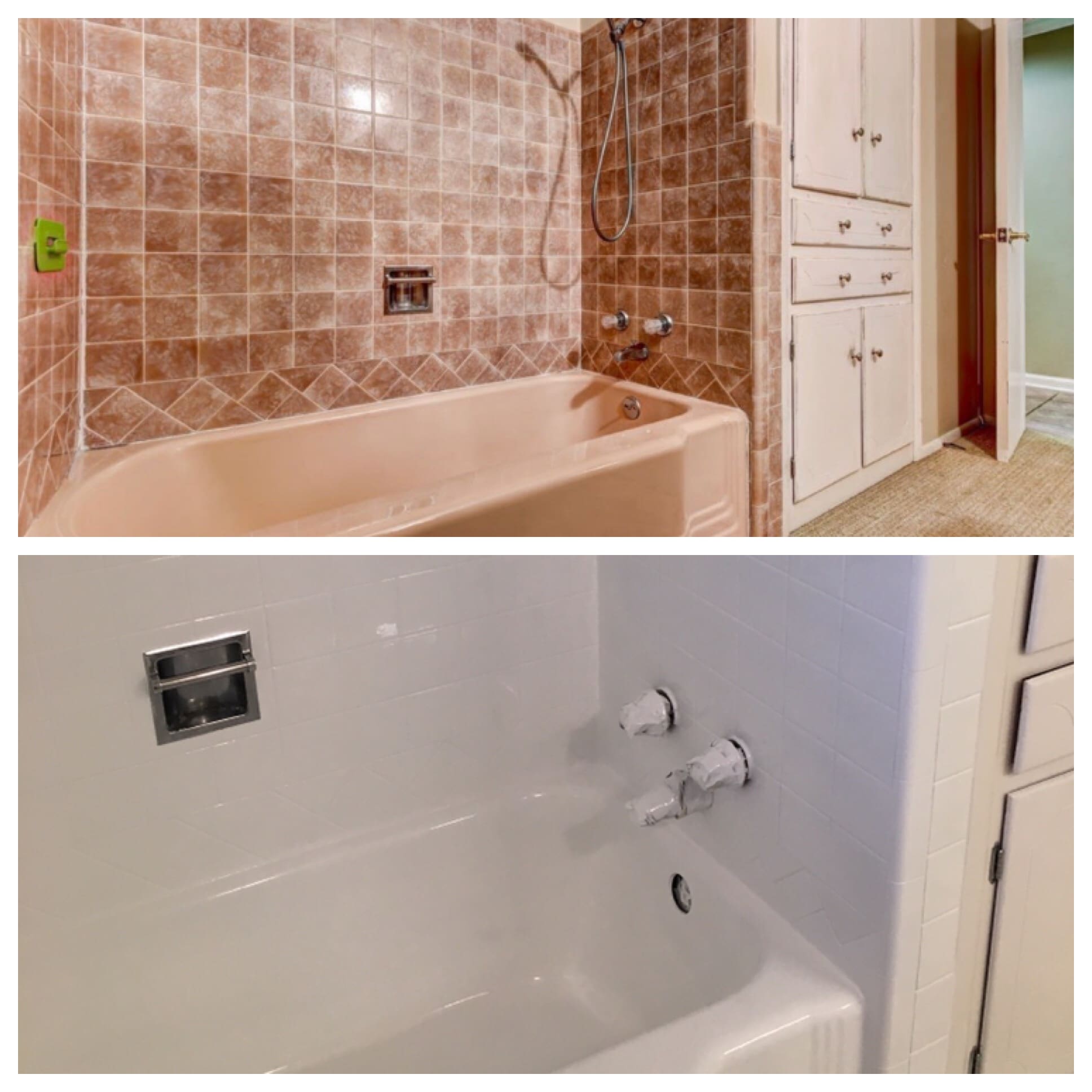 A before and after picture of the bathroom.