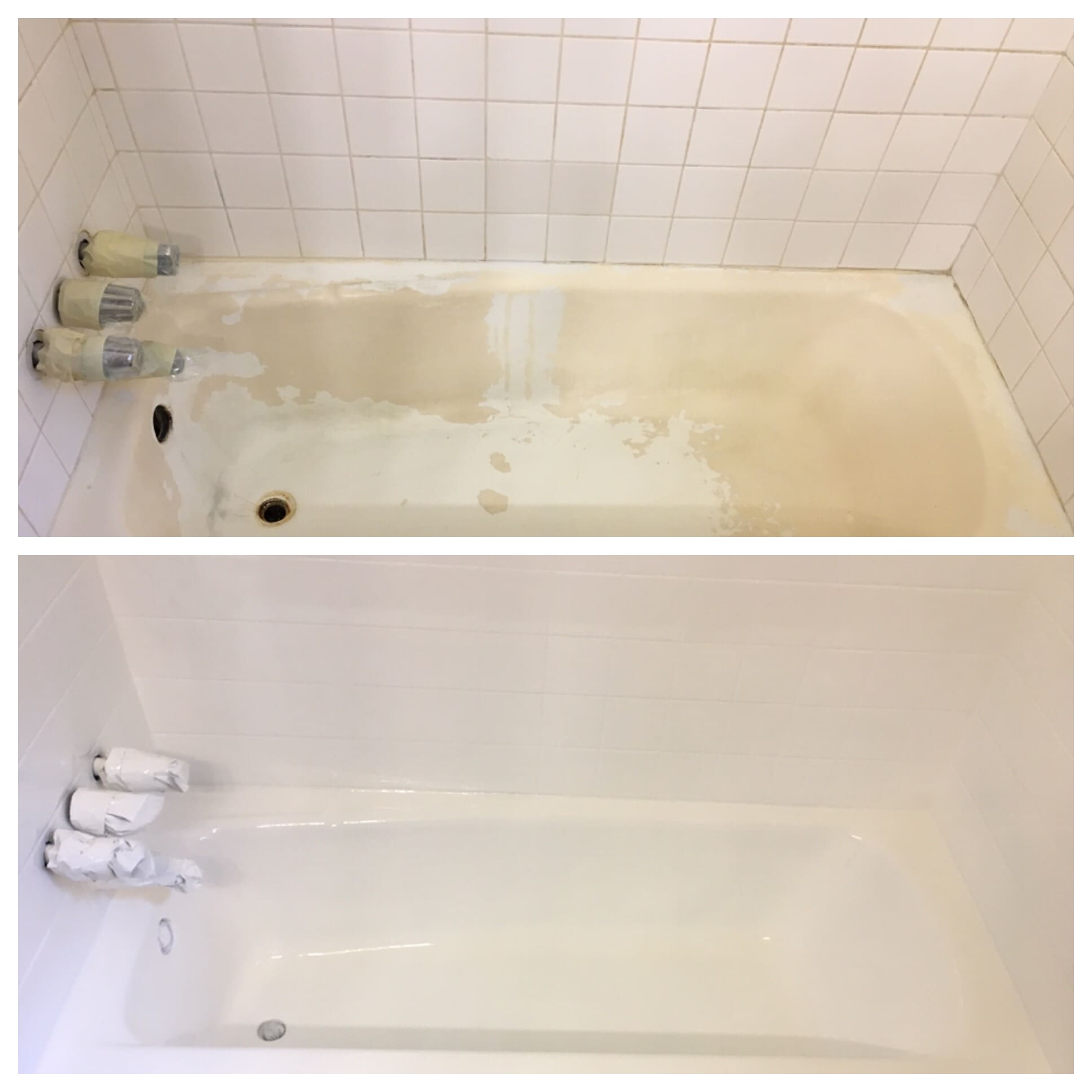 A before and after picture of the bathtub.