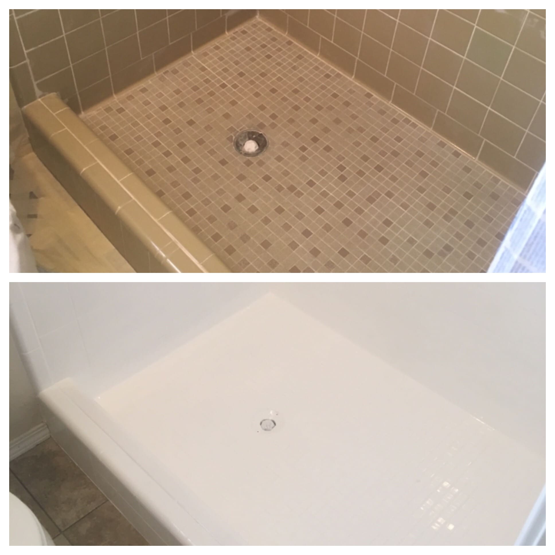 A before and after picture of the shower floor.