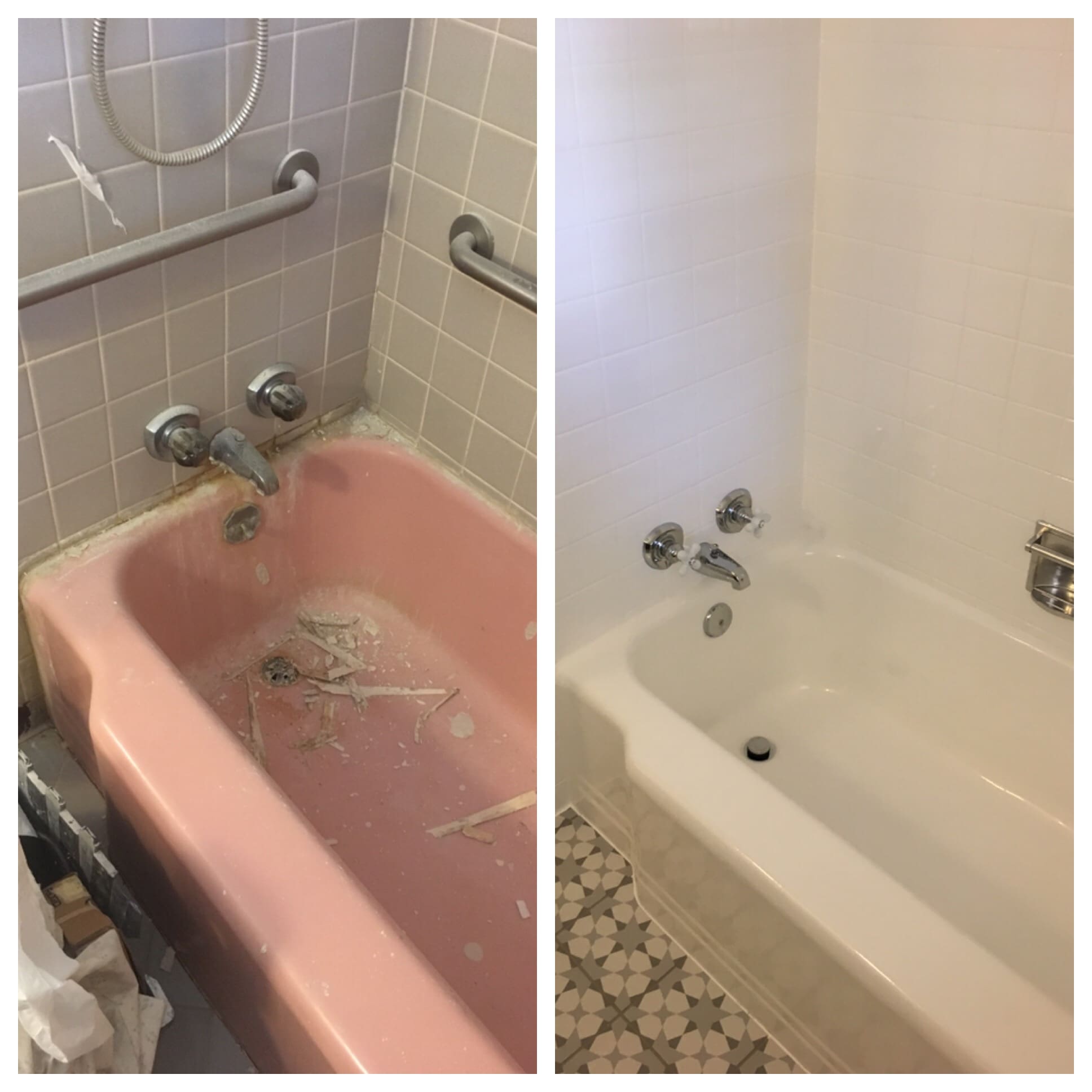 A before and after picture of the bathtub.