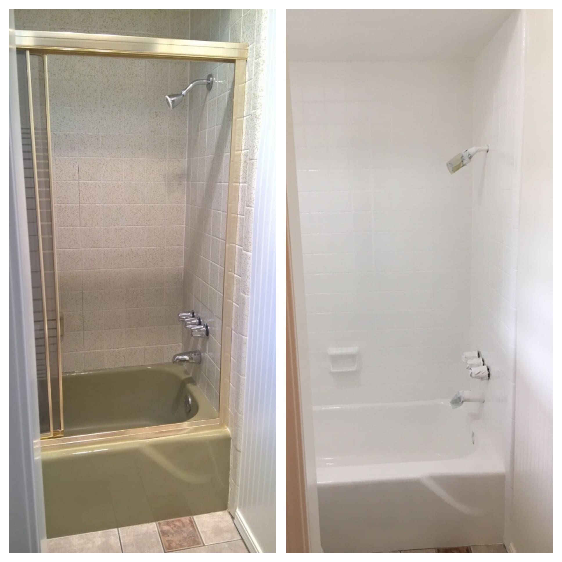 A before and after picture of the shower and tub.