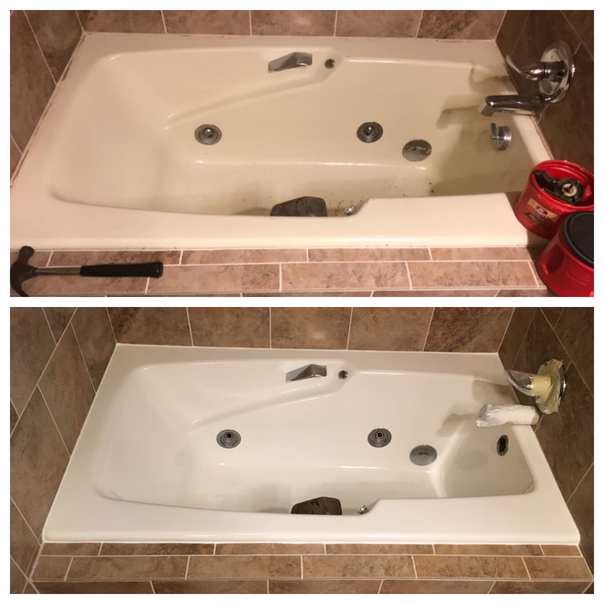 A before and after picture of the bathtub.