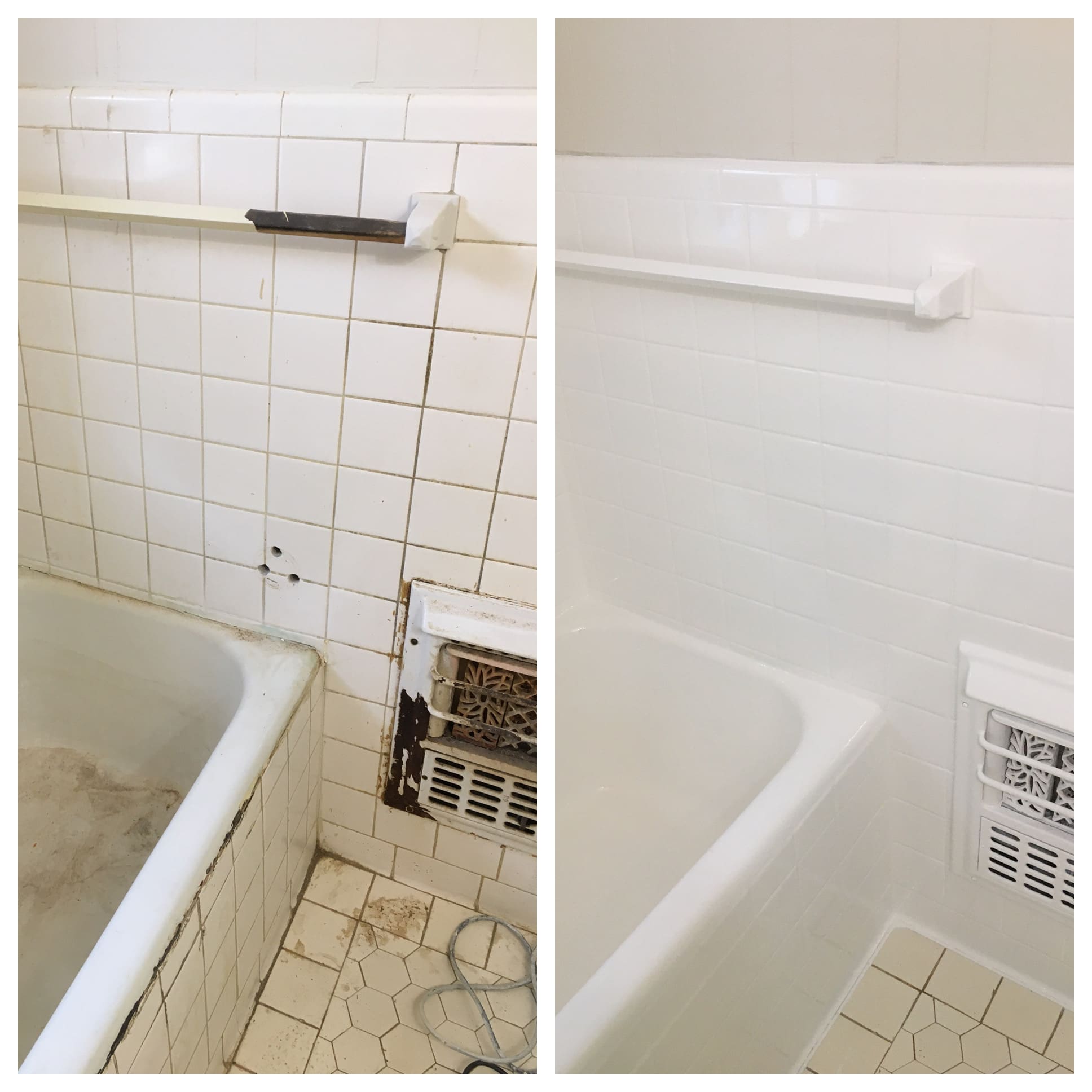 A before and after picture of the bathroom.