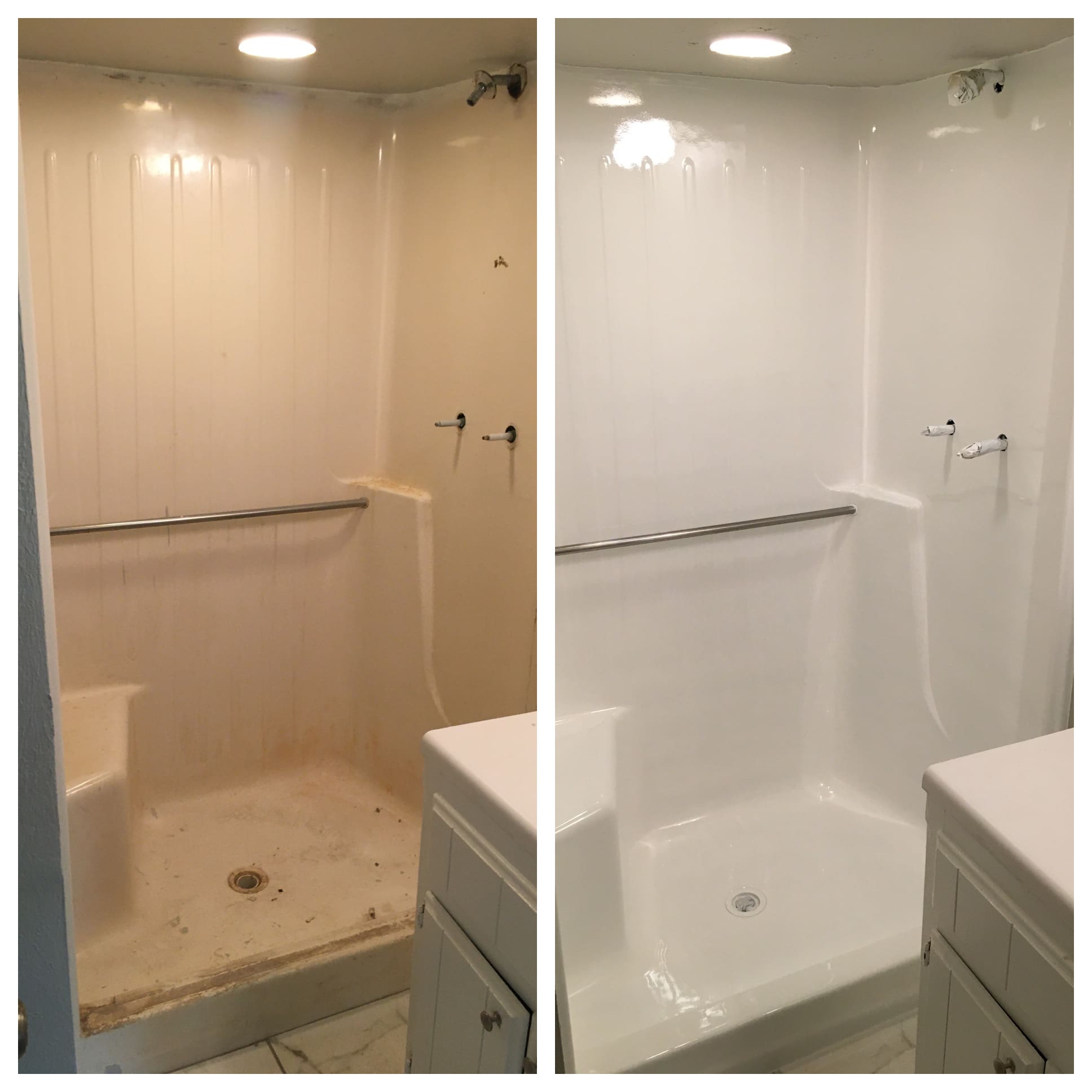 A before and after picture of the shower.