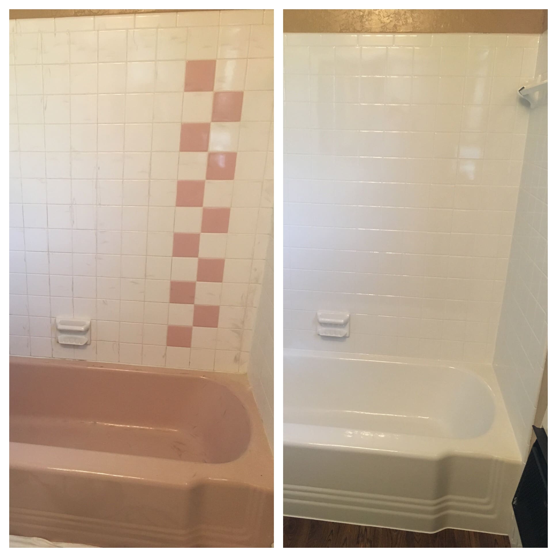 A before and after picture of the bathtub and shower.