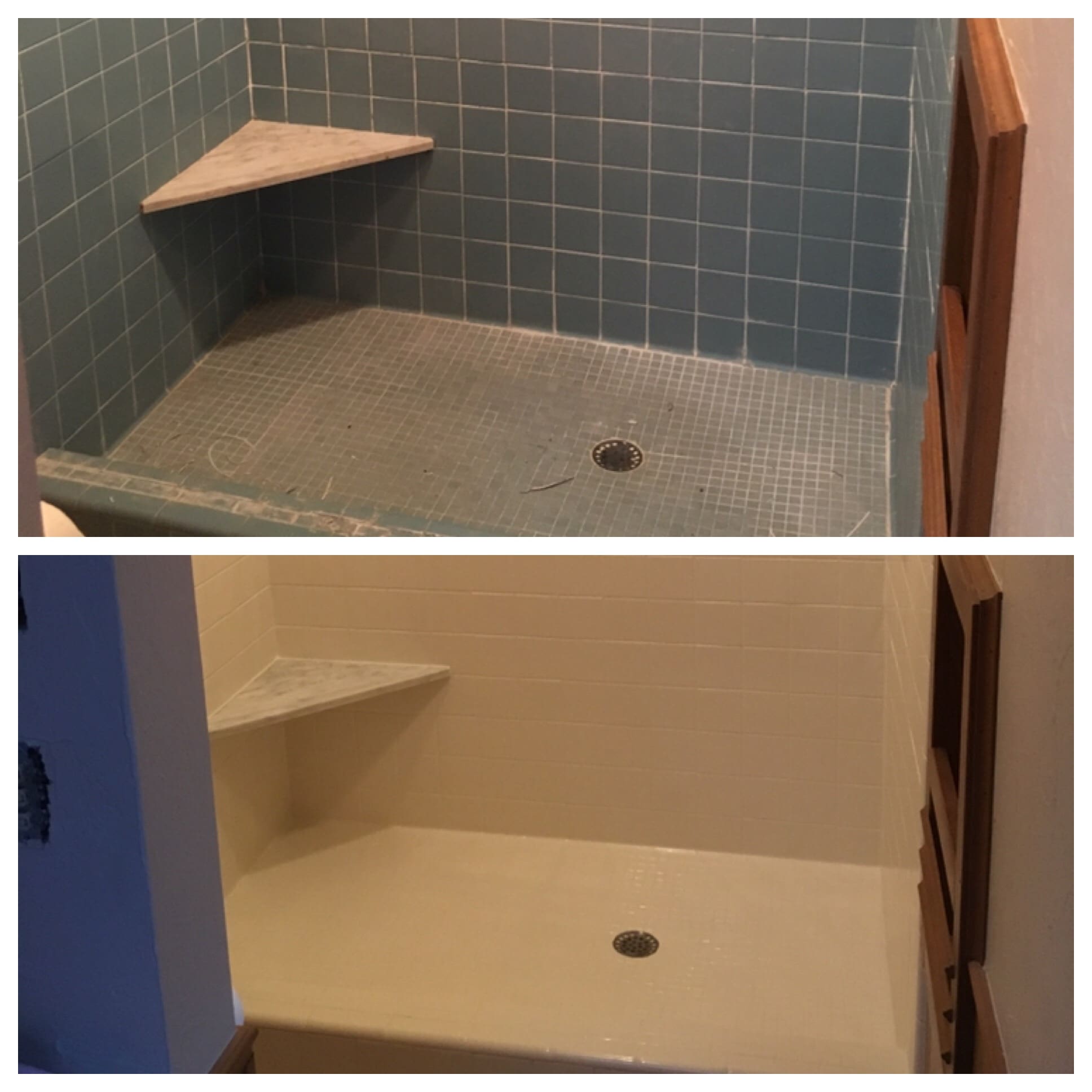 A before and after picture of the shower.