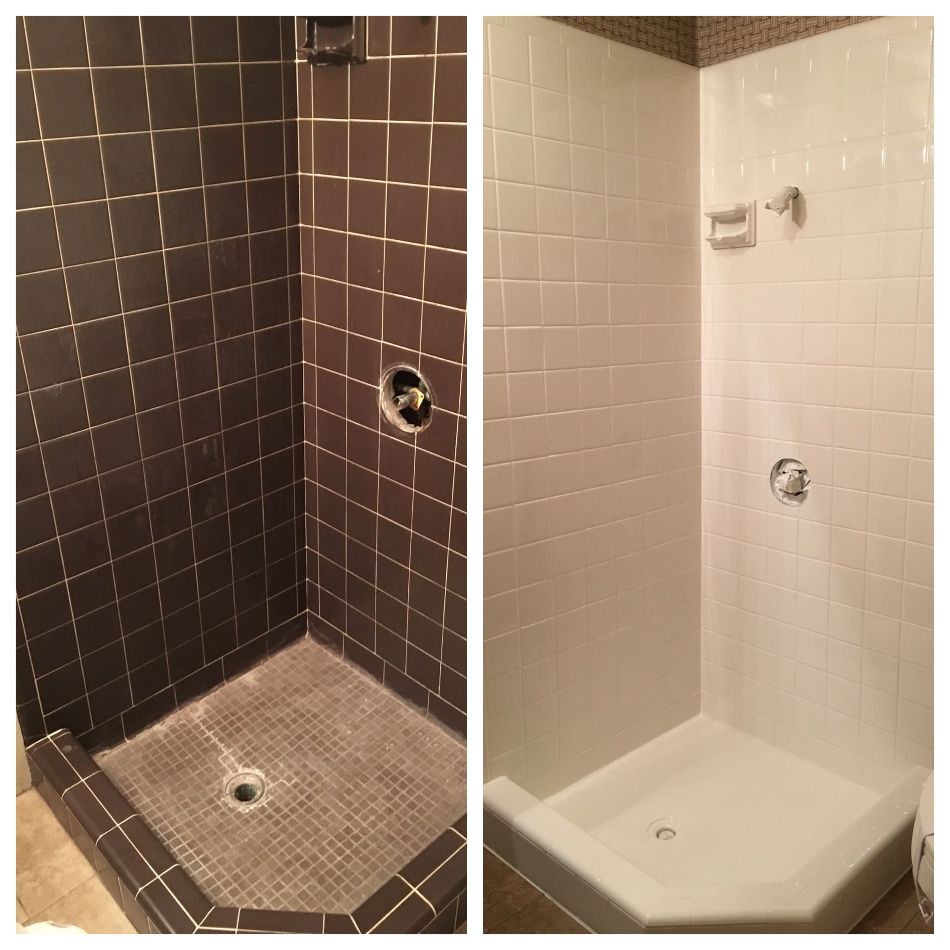 A before and after picture of the shower.